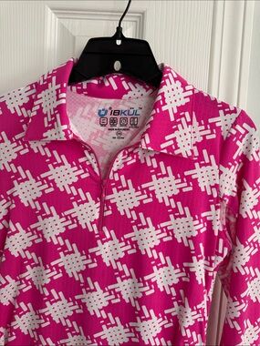 IBKUL Hot Pink & White Geometric Zip Polo